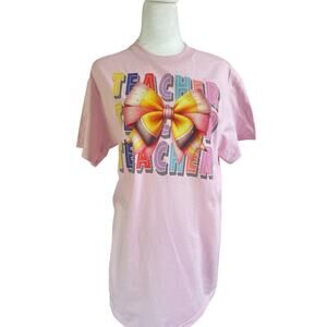 NWT Gildan  Adult  Medium Pink Short‎ Sleeve With DTF Teacher Bow